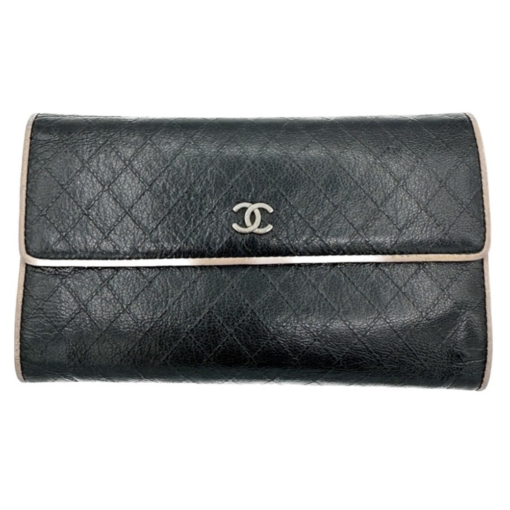 CHANEL Black & Beige Trim Long Trifold Flap Wallet